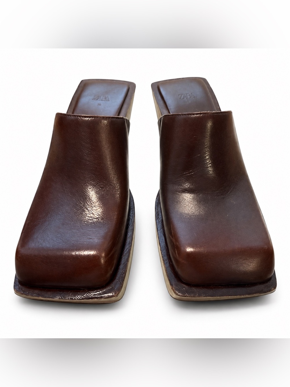 Zara Brown Leather Square Toe Clogs Mules EU 36 US 6